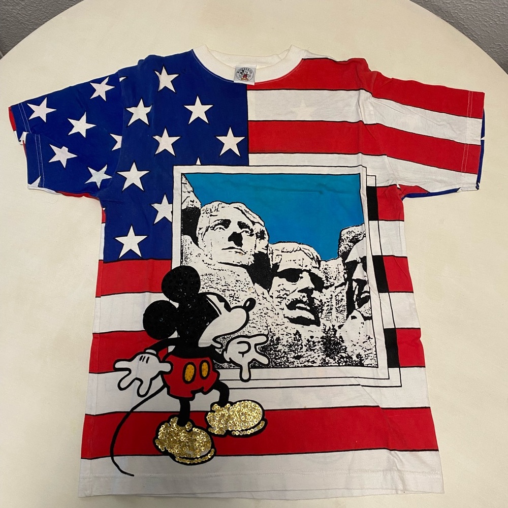 Rare VTG Mickey Mouse Mount Rushmore USA Flag Star Stripes All Over T Shirt 90s